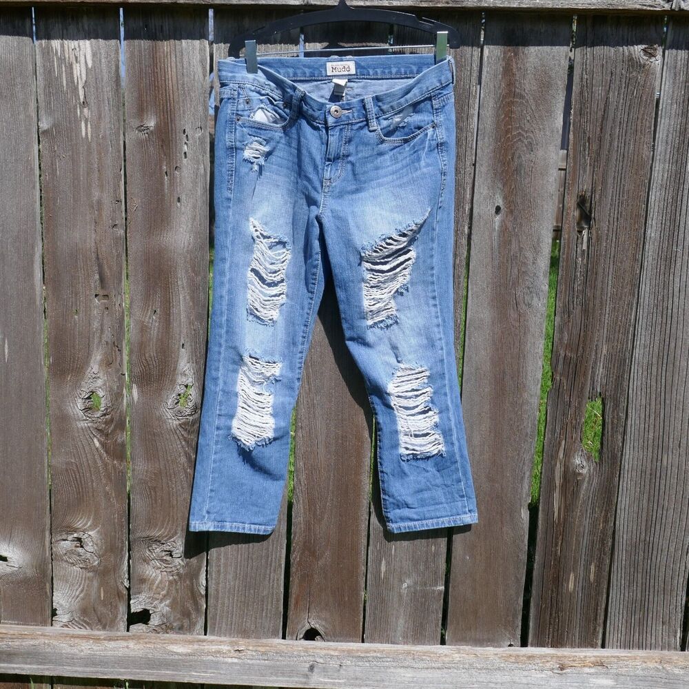 Mudd Cropped Distressed Jeans Blue Low Rise Medium Wash Cotton Size 5